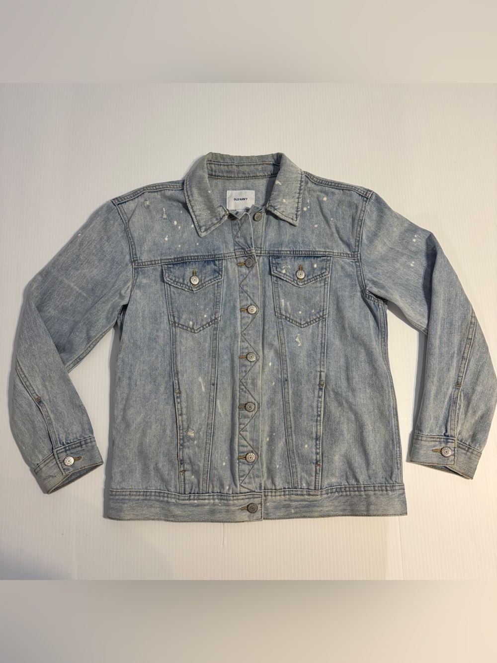 Old Navy Denim Jacket Medium Light Wash Distressed Paint Splatter Y2K Grunge